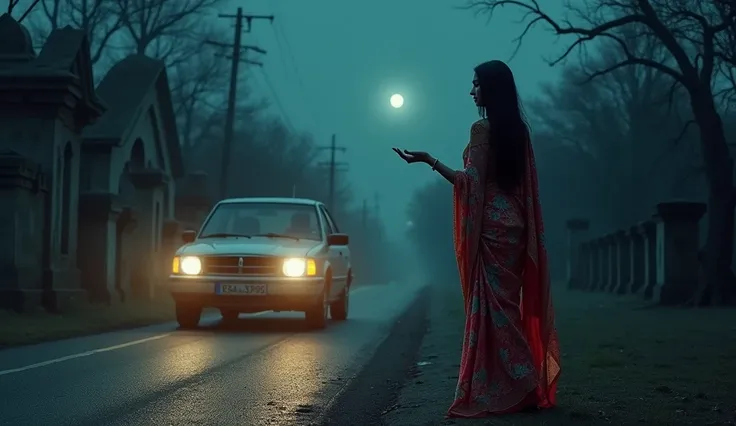 A car is going on a deserted road. There is a haunted cemetery on the other side of the road. A beautiful young  hot and sexy woman wearing sari is standing on this side of the road and asking for a lift. It is night time.