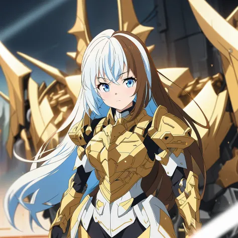 2girl,female,Long hair, Brown hair, white multicolored hair, light blue eyes, White suit, Gold armored gear, Gungnir unit, Illustration, Depth Of Field, Anime Style, Digital Art, 