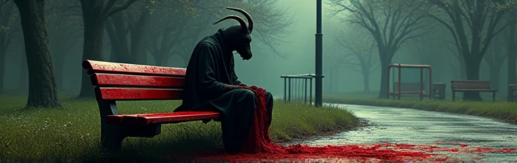 A bench in a park covered in large amounts of blood and a person with a black goat head sitting next to the bench and behind it there are trees and playground equipment that make all of this look realistic.