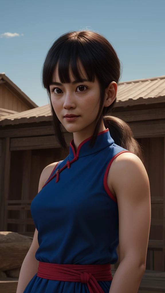 chichi, 1girl, solo, black eyes, black hair, blunt bangs, sidelocks, low ponytail,
china dress, blue dress, sleeveless, red sash...