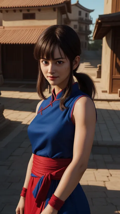 chichi, 1girl, solo, black eyes, black hair, blunt bangs, sidelocks, low ponytail,
china dress, blue dress, sleeveless, red sash...