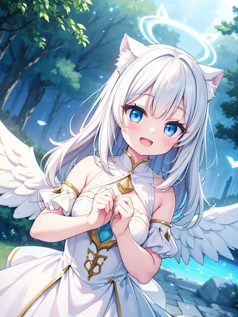 a cute white cat girl cosplaying as an angel, angel wings, halo, blue eyes, (smiling:1.3), (open mouth:1.3), medium hair, heaven, fantasy, outdoors, (best quality,4k,8k,highres,masterpiece:1.2),ultra-detailed,(realistic,photo-realistic:1.37),intricate deta...