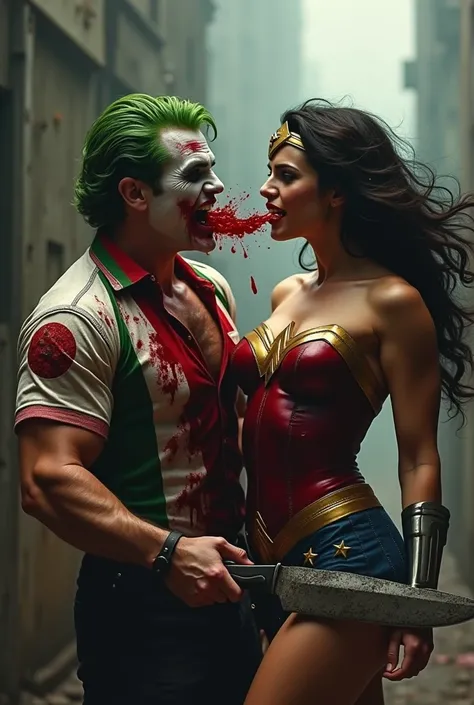 Realistic, muscular joker wearing bloody blood stain palestine flag pattern shirt holding machete  knife, cut throat A busty wonder woman neck bloody splash, full body, wide o pen throat.