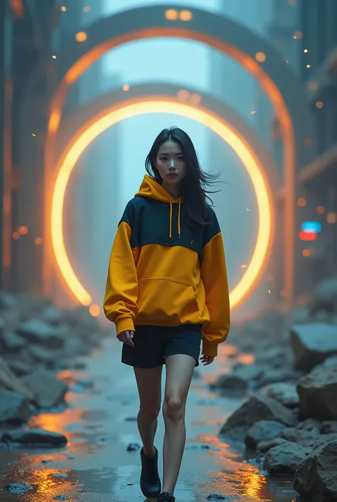 Masterpiece, 4K wallpaper, Masterpiece sci-fi ancient city, fantasy sci-fi, neon glow lights city, ( Subject ( 1girl, A cute korean women with beautiful hair, wearing an youth stylist oversized hoodie fashion, yellow and black stylist fashion, jumper hoodi...