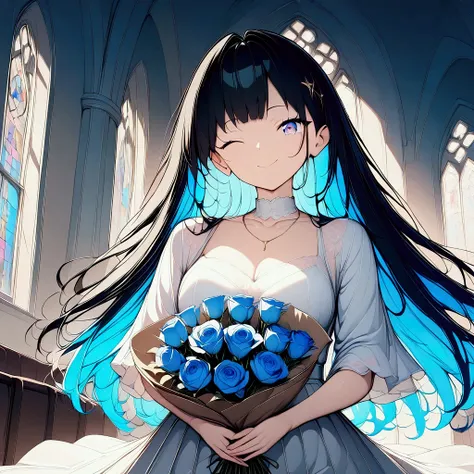 (((anime))) (((wink))),a woman giving a bouquet of flowers,church,long hair,(black hair),center-parted bangs,glowing blue eyes,s...