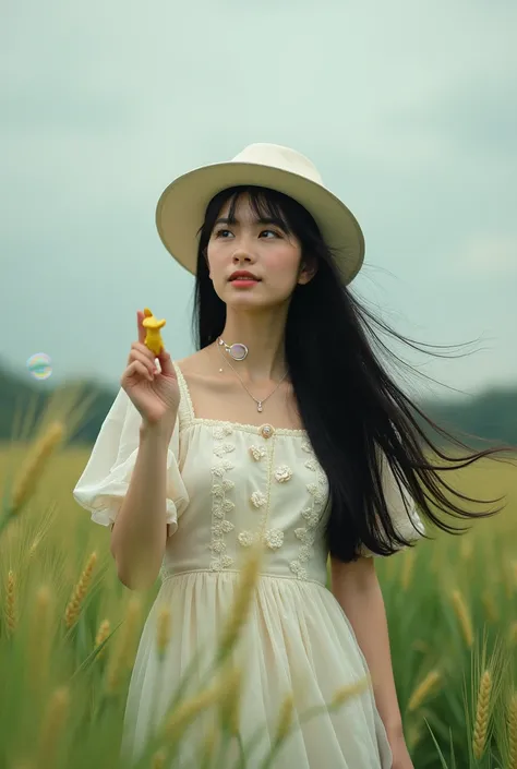 (Close-up of a better masterpiece:1.5)A curve A woman a woman with long black hair, wearing a white hat, wearing a cream dress with a floral pattern, standing, waving soap bubbles with a tool made of plastic, in the form of a medium-sized round-ended stick...