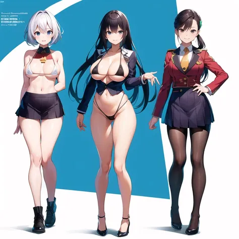 (((Best Quality))) , ((full body)), female, 3 girls, white background, random hairstyles, micro bikini, standing, uniform,
