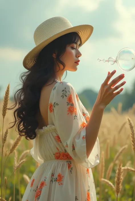 (Close-up of a better masterpiece:1.5)A curve  woman with long black hair, wearing a white hat, wearing a cream dress with a floral pattern, standing, waving soap bubbles with a tool made of plastic, in the form of a medium-sized round-ended stick, in the ...