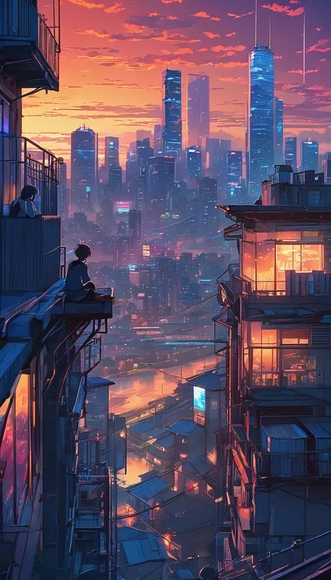 anime couple sitting on a balcony watching the sunset, watching the sun set. anime, lofi artstyle, anime background art, anime s...