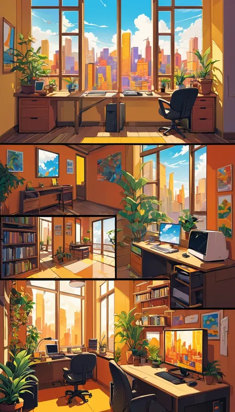 a room with a desk, some plants, some window glass and a computer, in the style of cartoon compositions, warm color palette, vibrant cityscapes, clean and sharp inking, yellow and amber, rhads, neo-geo