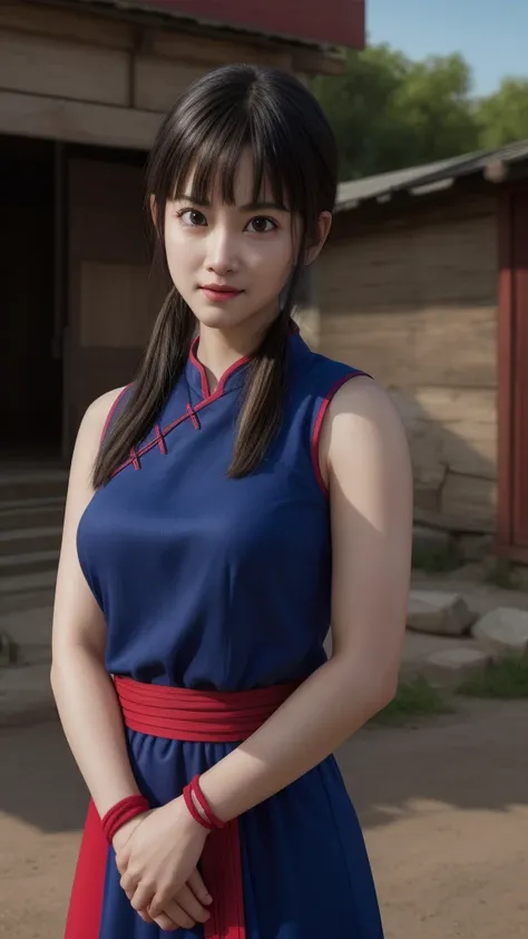 chichi, 1girl, solo, black eyes, black hair, blunt bangs, sidelocks, low ponytail,
china dress, blue dress, sleeveless, red sash...