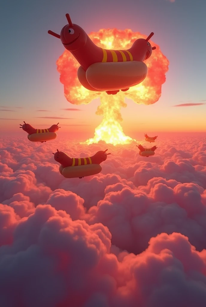 hot dog zeppeling each shaped like fantastical creatures, float above a pink chummy sea of clouds. The nuclear explosion sets behind them, casting a colorful backlight that makes the creatures’ vibrant patterns glow against the deepening sky