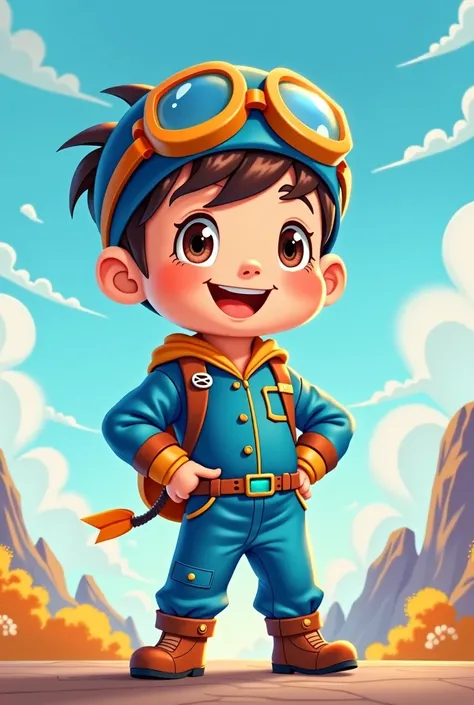 A cartoon of a boy wearing a pilot costume and wearing goggles on his head.