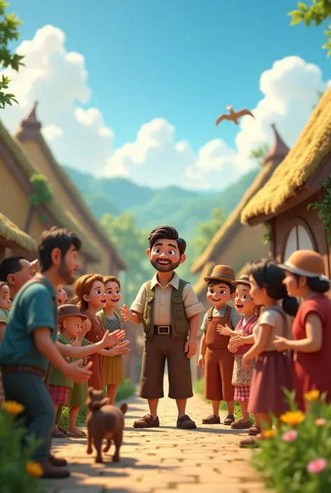 The villagers praise the farmer in Cinematic 3d cartoon style 
