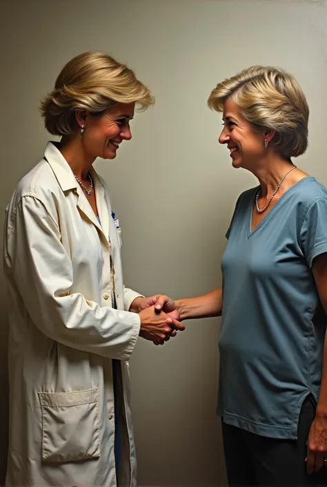 an oil painting of Lady Diana shaking hands with a AID patient from the crown