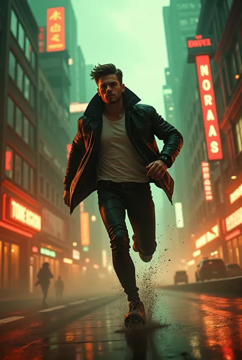 Shocking, High quality cyberpunk scene images This attractive male dark is similar, running, piece seamlessly blends photography, A wonderful combination of dark and neon, Orange green brown and black, illustration, 3D Rendering, and  to create a Movie exp...