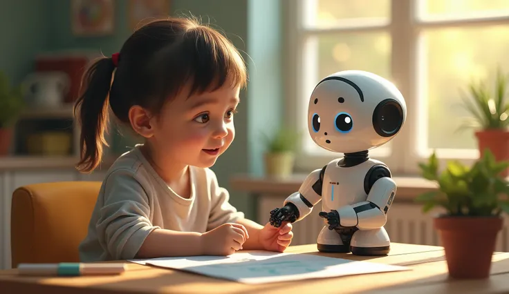 "A serene image of a young child learning with the help of AI. The child should be interacting with a friendly, humanoid robot or an AI-powered educational tool that projects interactive lessons. The setting could be a modern classroom or a cozy home envir...