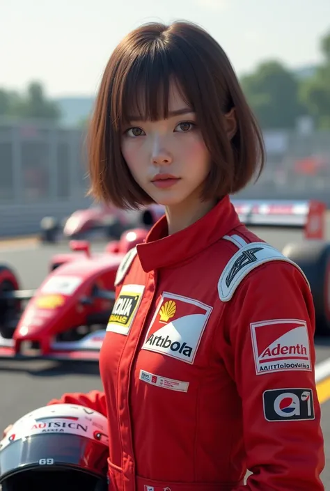 whole body、4K,8k,masterpiece，Authenticistic）Wearing a red racing suit and holding a racing helmet、A Japanese female racer stands in front of a red racing car　Brown Hair、Short Bob、　Suzu Hirose, Suzuka Circuit　pit　Portraiture　Pouch