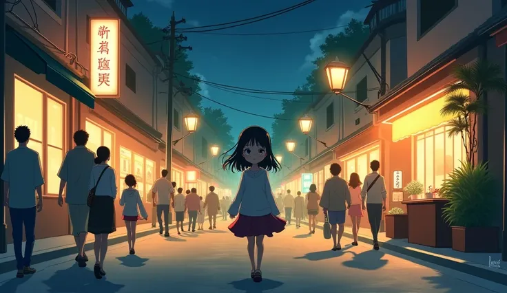 Create a girl walking on the road at night street          people walking around like anime series 