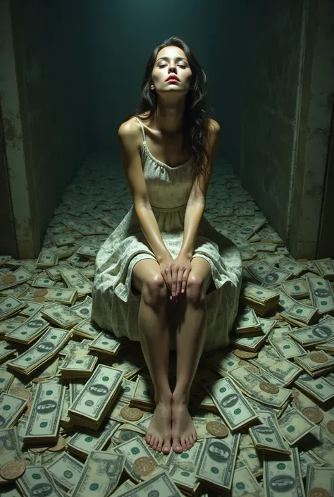 In a room a burdens of money  , everyone is money and a young beautiful girl setting on the money.M