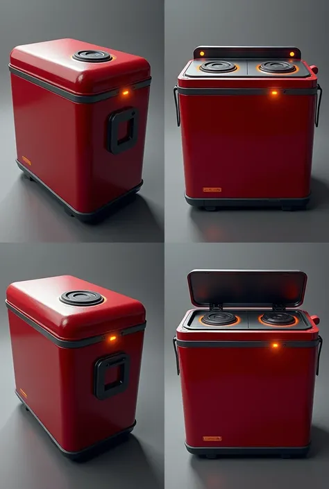 a series of four photos from DIFFERENT angles of a very high quality premium shiny and glossy and futuristic dark red camping cooler with an integrated flat high quality black stove top on the very top of the cooler with subtle orange glowing flat circles ...