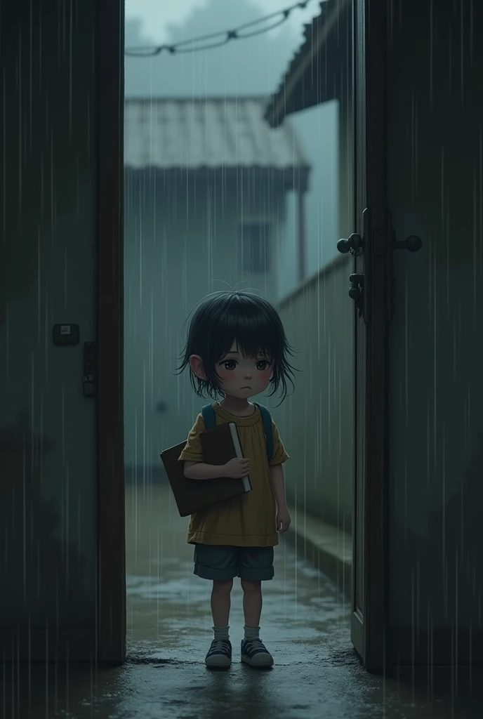 Visual image of a small child in front of the door carrying a book in his hand coming home in the rain, the child looks sad