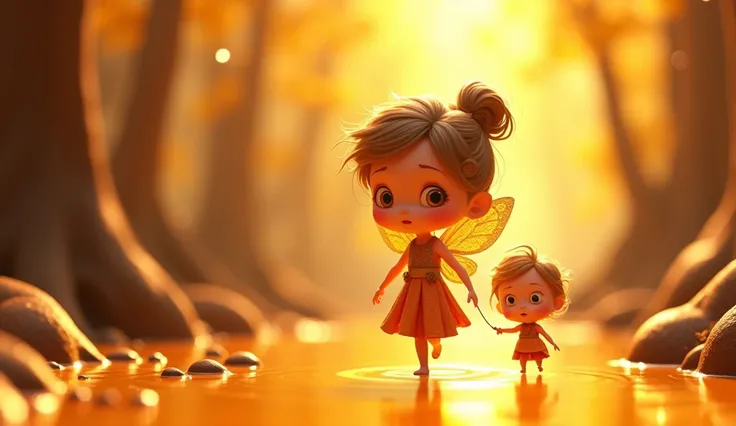 Generate a 3D cartoon animated eyecatching picture, Fairy took little doll on a wondrous journey to the enchanted realm of fairies, where a golden sea of honey stretched as far as the eye could see, and a magnificent boat crafted from rich, velvety chocola...