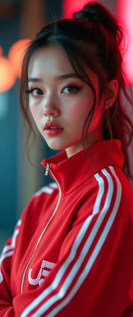 a girl in a DJ tracksuit, beautiful detailed eyes, beautiful detailed lips, extremely detailed face, long eyelashes, tilting her head, giving a dirty remark expression, swagger dressed, freedom of movement, agility, (best quality,4k,8k,highres,masterpiece:...