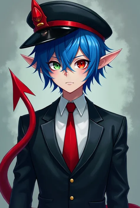 Blue hair boy combined with red eye red and one green black cap elegant suit red tie elf ears red demon tail 