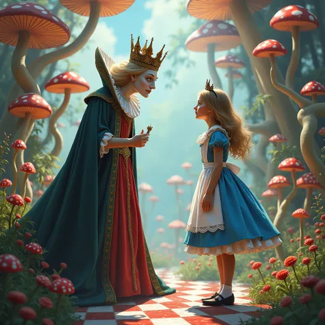 Alice in Wonderland Talks to the Chess Queen 