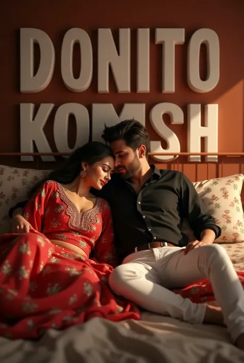 Create 3D pictures of a beautiful 2 couple sleep in the beautiful bed the girl is wearing a red lehenga and boy is wearing black shirt and white jeans. Background features black wall Clear written on Capital big front white colour "Donito& Komosh"