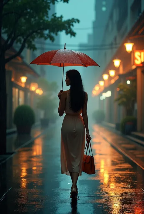 A girl holding umbrella walking on the night street on light rainy season looking a beautiful day 