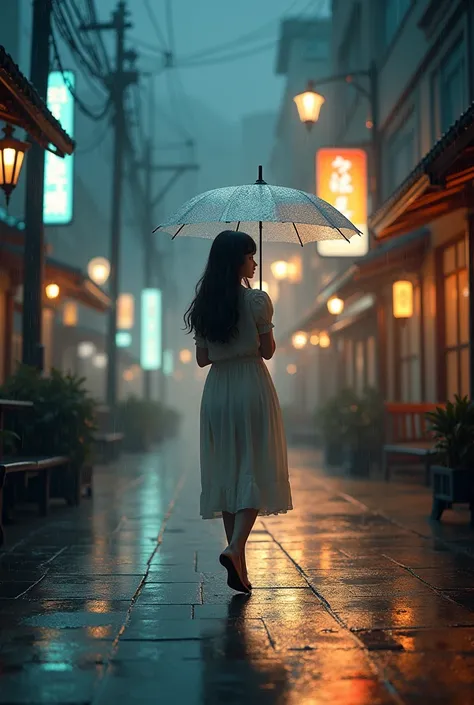 A girl holding umbrella walking on the night street on light rainy season looking a beautiful day 