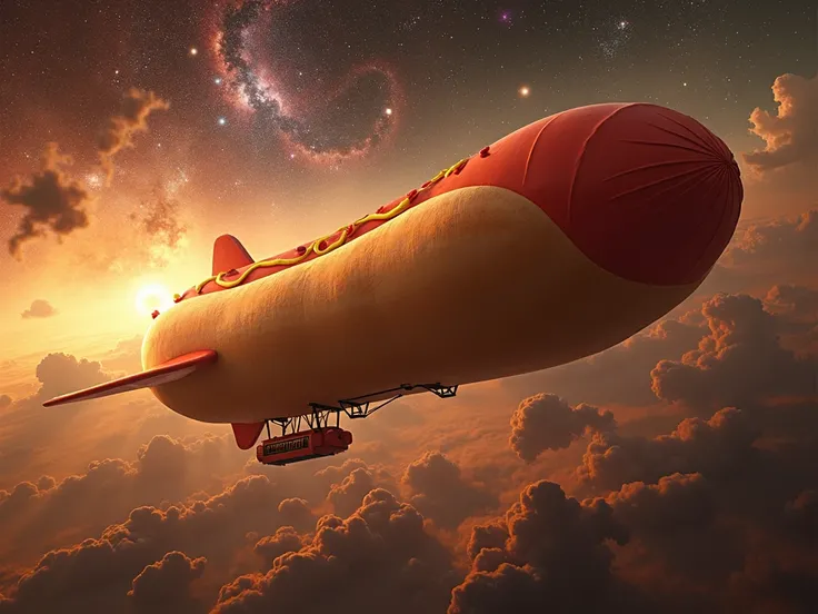 A highly detailed image of a zeppelin shaped like a hot dog floating in deep space. The zeppelins body has a realistic hot dog texture with a bun, sausage, and condiments like mustard and ketchup. It is illuminated from behind by a brilliantly glowing supe...