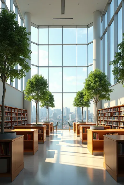 Draw a small school library, with panoramic glazing, and trees in pots. with a view of the city.