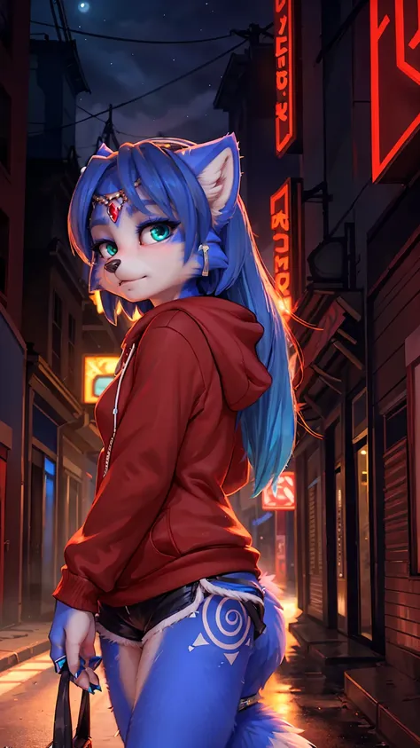 a picture of ((krystal)), star fox krystal, lovable, green eyes, medium breasts, (((long blue hair 1.3))), decollete, anthro, fu...