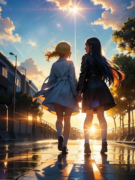 two girls, sun after the rain, Walking In Rhythm, Street Lady, sister love, Places and Spaces, Only one rainbow appears in the blue sky, ((Sunshine, Natural backlighting:1.4)), Highly detailed and beautiful face, on the Street, (Dazzling Sunshine:1.3), (Le...