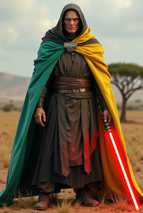 The country Tansania as a Sith Lord from Star Wars, andirty beige face, standing on a dry meadow with an African tree, Cape yellow, Green, black and turquoise, red lightsaber, agressive, frightening, ultra-realistic