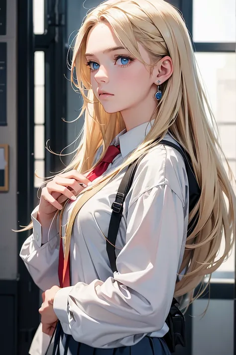 Best quality, masterpiece, ultra high res, (photorealistic:1.4), raw photo, 1girl, teenager, light blonde hair, long hair, grey-blue eyes, expressionless, school uniform, earrings