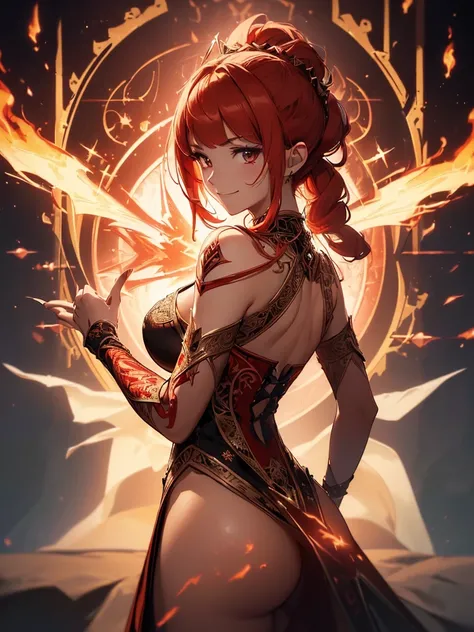 (((best quality, sharp image, clear image, cinematic lighting, 8k resolution, masterpiece, ultra detailed, intricate))) Girl, sorcerer, cute, intricate dress, smiling, fiery red, ((intricate background)), (rune frame), dimension, ((shot from behind)), (fir...