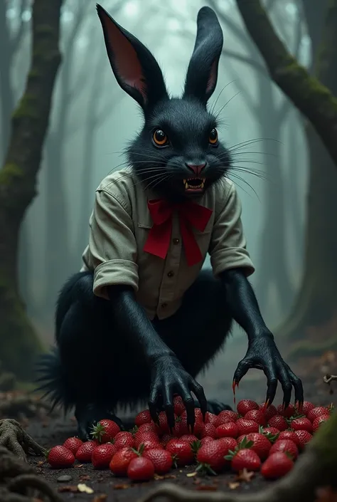 Adult black female rabbit with adult human shape, wearing a closed shirt, scary with red bow around neck, claws in a scary forest , devouring strawberries