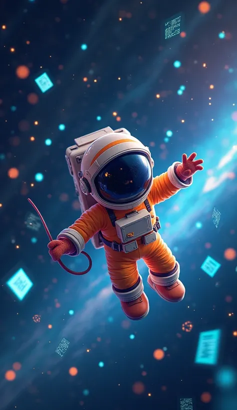 A cute astronaut wandering through information in space