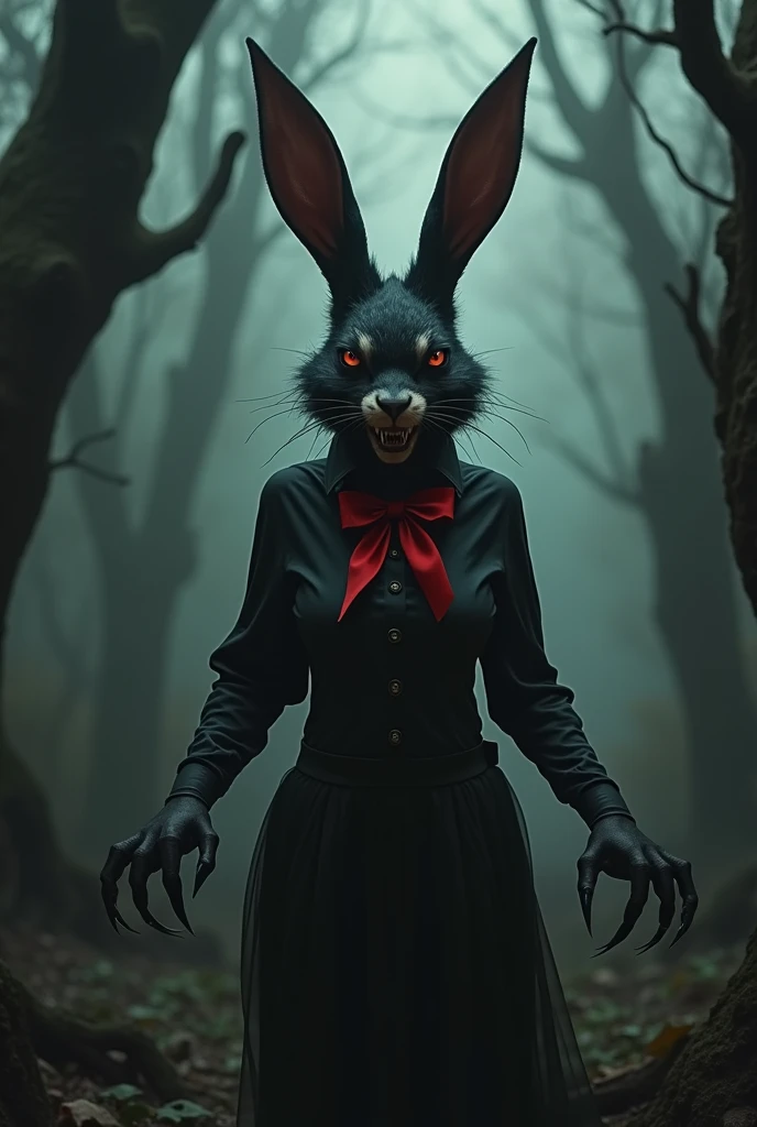 Adult black female rabbit with adult human shape, wearing a closed shirt, scary with red bow around neck, claws in a scary forest , with your lover