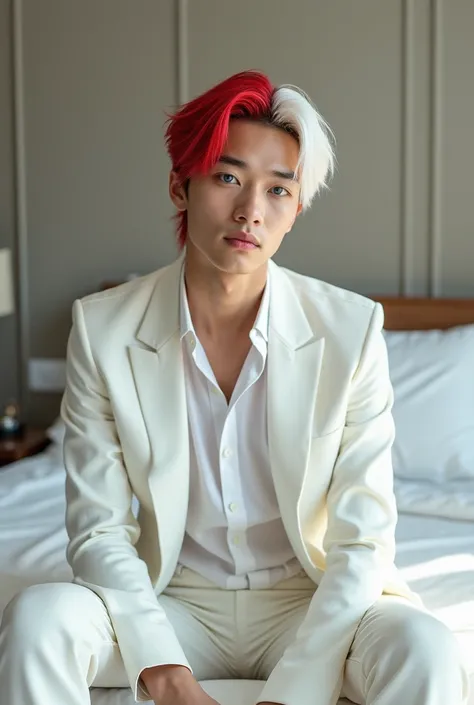 (photorealism:1.2) realistic boy, half red hair, half white hair, sleek hair, dyed hair, half red, half white heterochromia eyes, one eye should be blue while the other is grey , boy sitting on bed with full white suit, white dress shirt, handsome young ma...