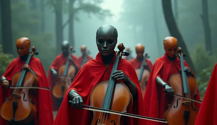 Cyborg wemen orchestra playing violencelle and all of them wearing red cape,vivid cinematic4k colors in a foggy forrest, the wemen should look like faminine with their orange metallic grunged face, very esthetic style