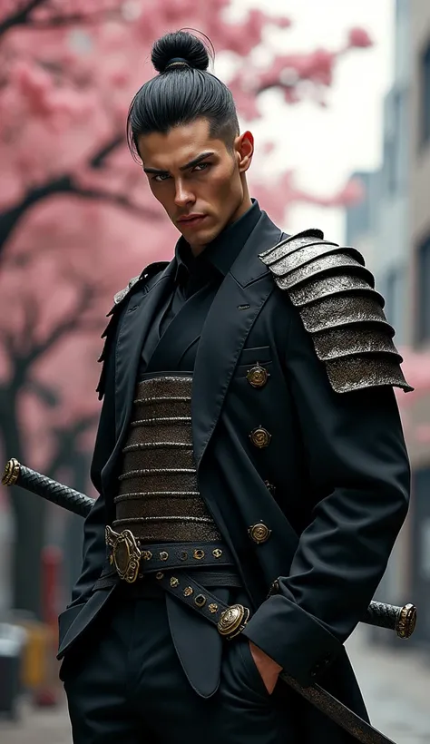 
Create an image of a modern-day samurai with a handsome appearance, blending traditional samurai elements with contemporary fashion. The samurai has a confident and determined expression, with sharp, piercing eyes. His hair is styled in a modern undercut,...