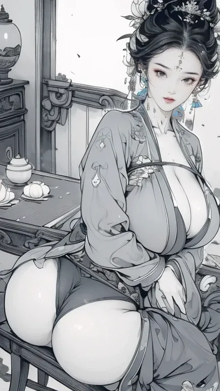 High resolution traditional ink line drawing, Hanfu, Realistic big eyes, Huge breasts, Full breasts, Perfect body, Thin waist, Muscular thighs, perky buttocks, Smile, Legs open, Standing cross-legged, Hips touching the edge of the table, ,半蹲bend over提臀 大乳暈...