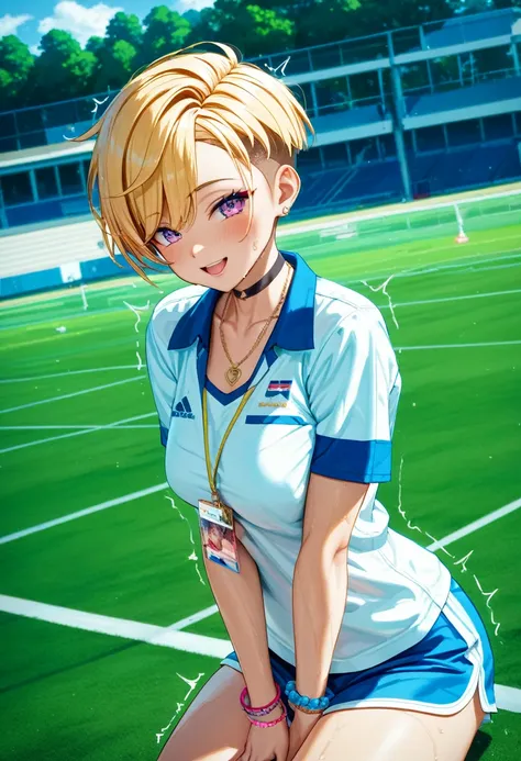 (Highest quality, 4K, 8k, High resolution, masterpiece:1.2), Very detailed, Picturesque, Anime style photo, Photo Anime:1.37)、a beautiful japanese girl、gyaru、blonde、pixie cut、black choker、pierce、necklace、bracelet、ecstasy face、trembling、vapor、trembling、Swea...