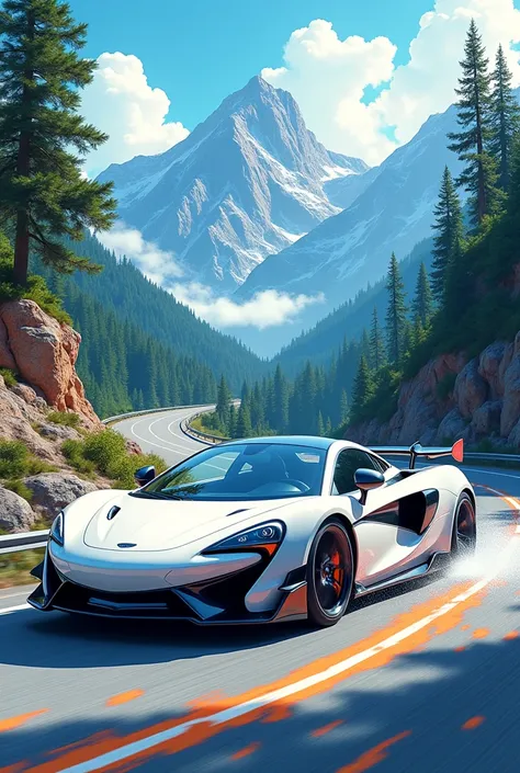 White car and mountain and road color styld drip anime style style