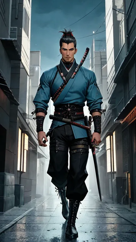 a handsome charismatic modern-day samurai inspired by the Shinsengumi,extremely detailed face and eyes,short sides long top hairstyle with small topknot,light blue haori with reinforced shoulders and tactical belt over black pants and boots,holding a katan...